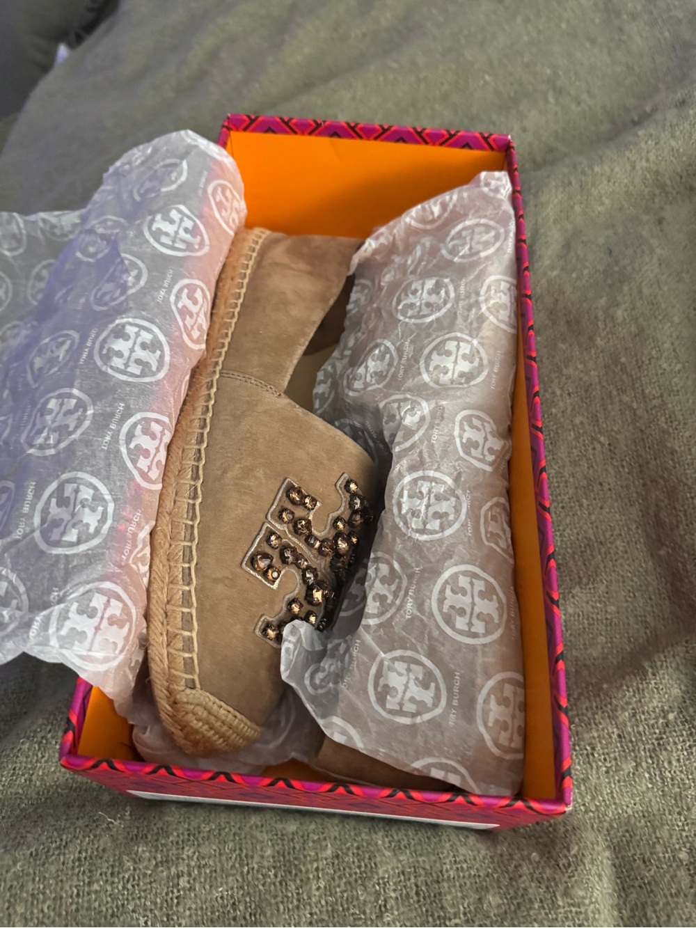 Tory Burch Taupe Suede Espadrille Slip-Ons with Embellished Logo - Picture 3 of 6